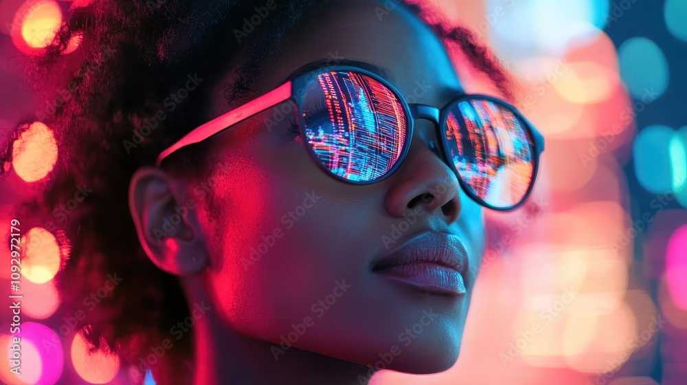 Futuristic Portrait of a Woman with Neon Reflections in Sunglasses Against a Vibrant Cityscape Background Futuristic Portrait of a Woman with Neon Reflections in Sunglasses Against a Vibrant Cityscape Background