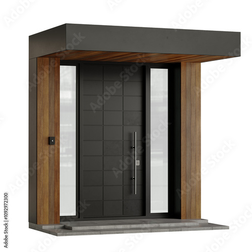 A black door with a wooden frame and a glass panel