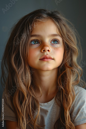 A little girl with long brown hair and blue eyes