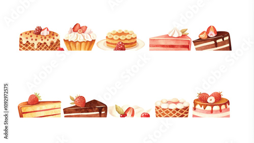 Watercolor set of different sweet desserts. Cake, strawberry, cake, muffin, biscuit, macaroon, cake, cupcake.