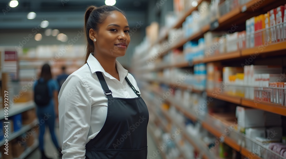 Fototapeta premium A black girl is a sales assistant in a store department. A saleswoman girl in a store near shelves with products.