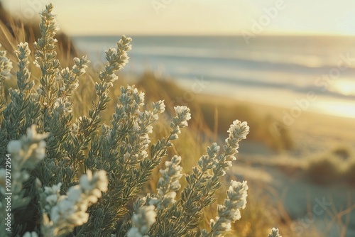 Sunset at the Beach with Blooming Sagebrush Flowers and Dunes Overlooking the California Coast. AI generated illustration photo