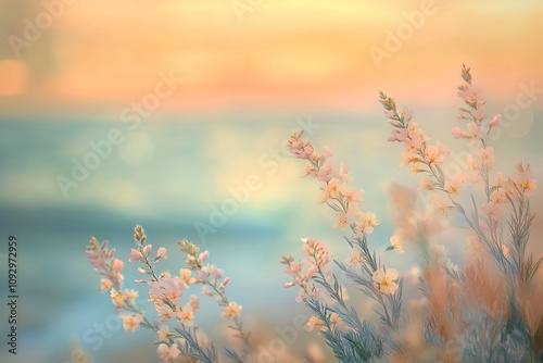 Sunset at the Beach with Blooming Sagebrush Flowers and Dunes Overlooking the California Coast. AI generated illustration