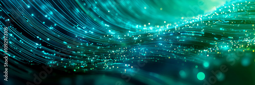 Fiber optics technology abstract in glowing green light showcasing innovation, speed, and advanced digital communication