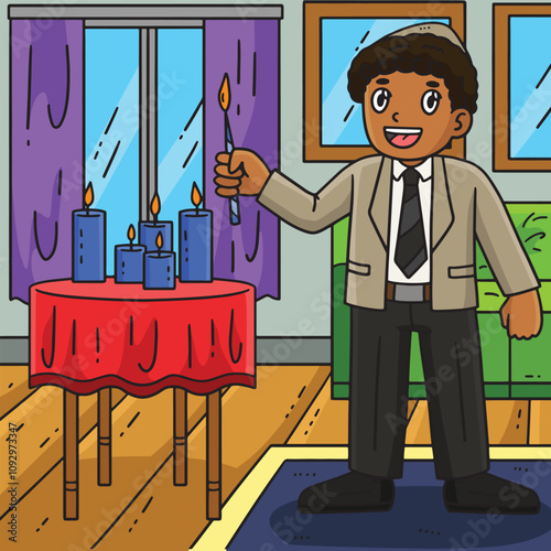 Bar Mitzvah Boy Lighting Candles Colored Cartoon