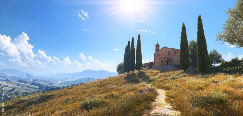 A breathtaking wide-angle photorealistic image of a Tuscan landscape, with a quaint house surrounded by cypress trees on a sunlit hill. 
