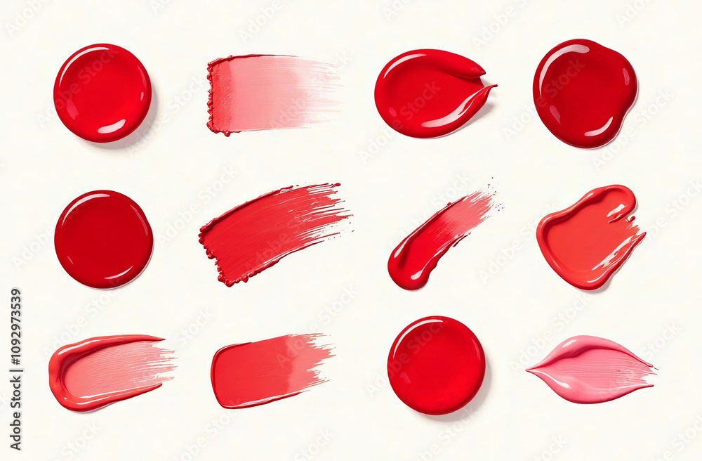 Set of different strokes and drops of translucent red gel on white background Set of different strokes and drops of translucent red gel on white background