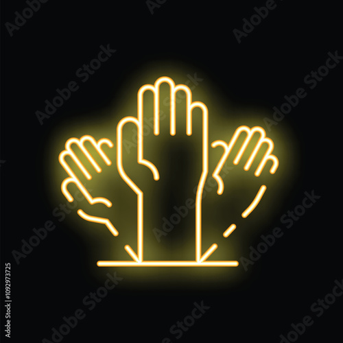 Neon yellow icon of hands raised in the air participating and engaging