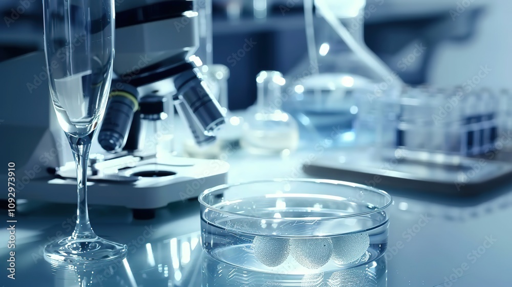 Close-up of stem cells in a petri dish under a microscope, symbolizing medical research and innovation, with scientific equipment in the background. Close-up of stem cells in a petri dish under a microscope, symbolizing medical research and innovation, with scientific equipment in the background.