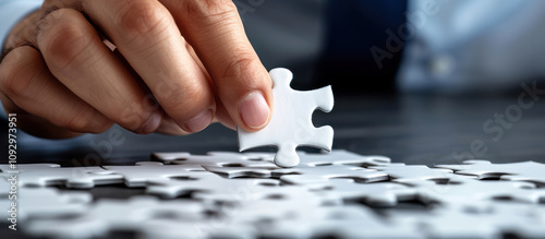 close up businessman pick up a piece of jigsaw fix the puzzle problem of business solve solution strategy plan game