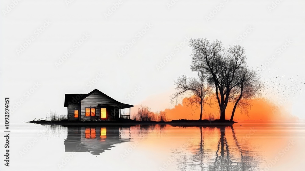 Fototapeta premium Sunset Cottage Lake House Rising Tides Climate Change Illustration