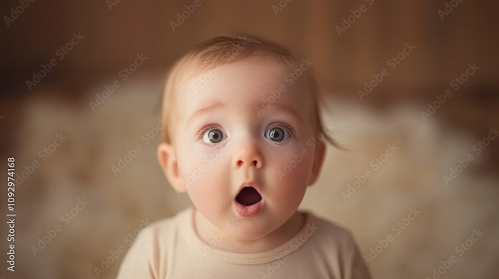 A surprised baby with wide eyes and an open mouth, expressing wonder or curiosity. A surprised baby with wide eyes and an open mouth, expressing wonder or curiosity.