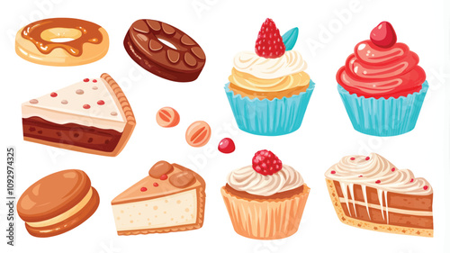 Cupcake, donut, macaroon, biscuit, muffin vector illustration.
