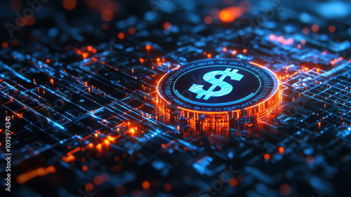Digital currency symbol glowing on circuit board, representing financial profit and technology. vibrant colors evoke sense of innovation and growth