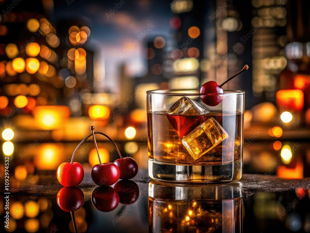 © sanom - Classic Cocktail Hour with a Manhattan on the Rocks in Silhouette Photography, Ambient Bar Lighting, Cherry Garnish, and Dark Rich Liquid Reflection © sanom - Classic Cocktail Hour with a Manhattan on the Rocks in Silhouette Photography, Ambient Bar Lighting, Cherry Garnish, and Dark Rich Liquid Reflection