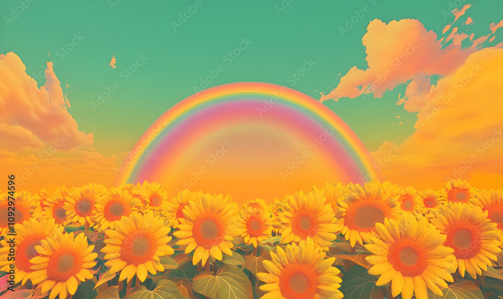 A vibrant sunset scene with sunflowers and a rainbow in a colorful sky. A vibrant sunset scene with sunflowers and a rainbow in a colorful sky.