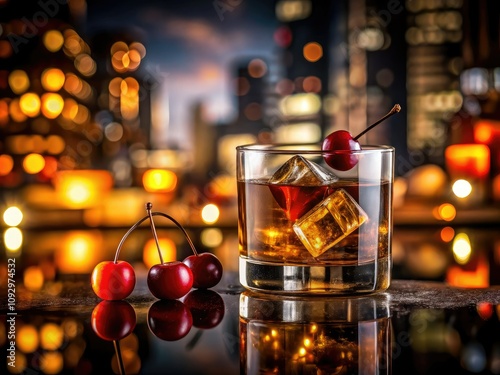 Classic Cocktail Hour with a Manhattan on the Rocks in Silhouette Photography, Ambient Bar Lighting, Cherry Garnish, and Dark Rich Liquid Reflection