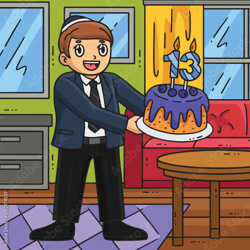 Bar Mitzvah Boy with Cake Colored Cartoon 