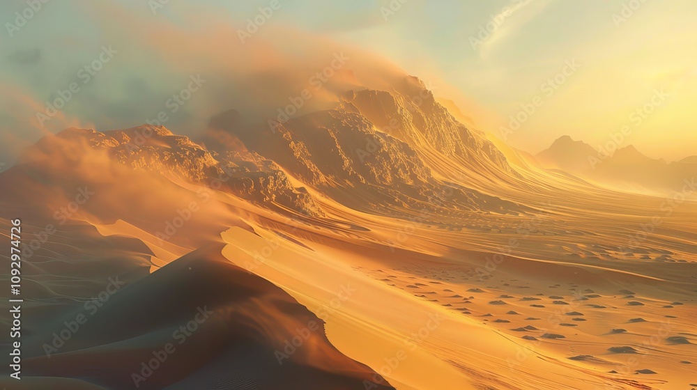 Fototapeta premium Golden desert landscape with mountains, creating a serene and ethereal atmosphere at sunset.