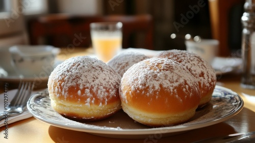 Popular breakfast item, typically round with a hole and covered in powdered sugar.