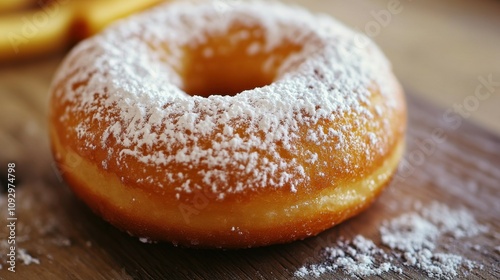 Popular breakfast item, typically round with a hole and covered in powdered sugar.