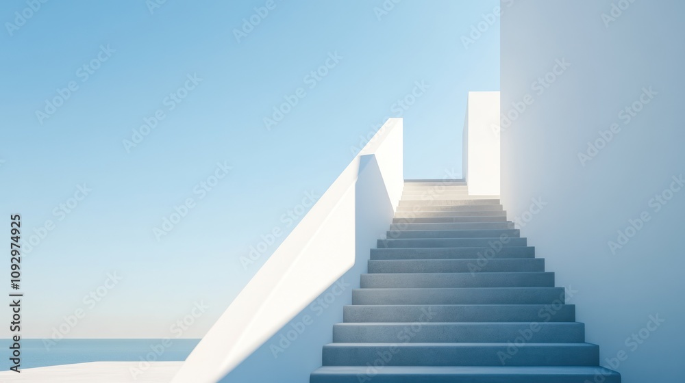 Fototapeta premium A serene staircase leads upward against a bright sky and ocean backdrop.