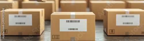 Cardboard boxes with barcode labels arranged on a warehouse floor, representing logistics, delivery, and inventory management.