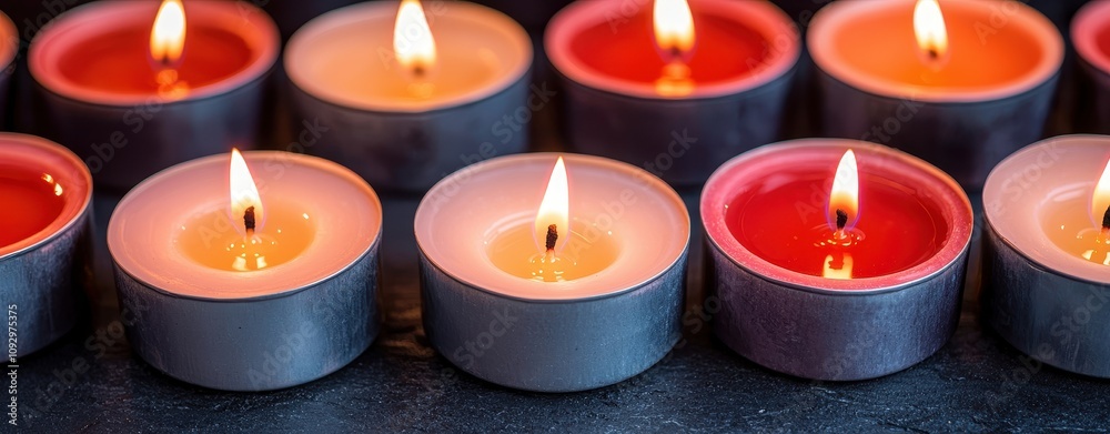 A close-up of lit scented tealight candles in colorful holders, creating a warm and calming ambiance on a dark surface. A close-up of lit scented tealight candles in colorful holders, creating a warm and calming ambiance on a dark surface.
