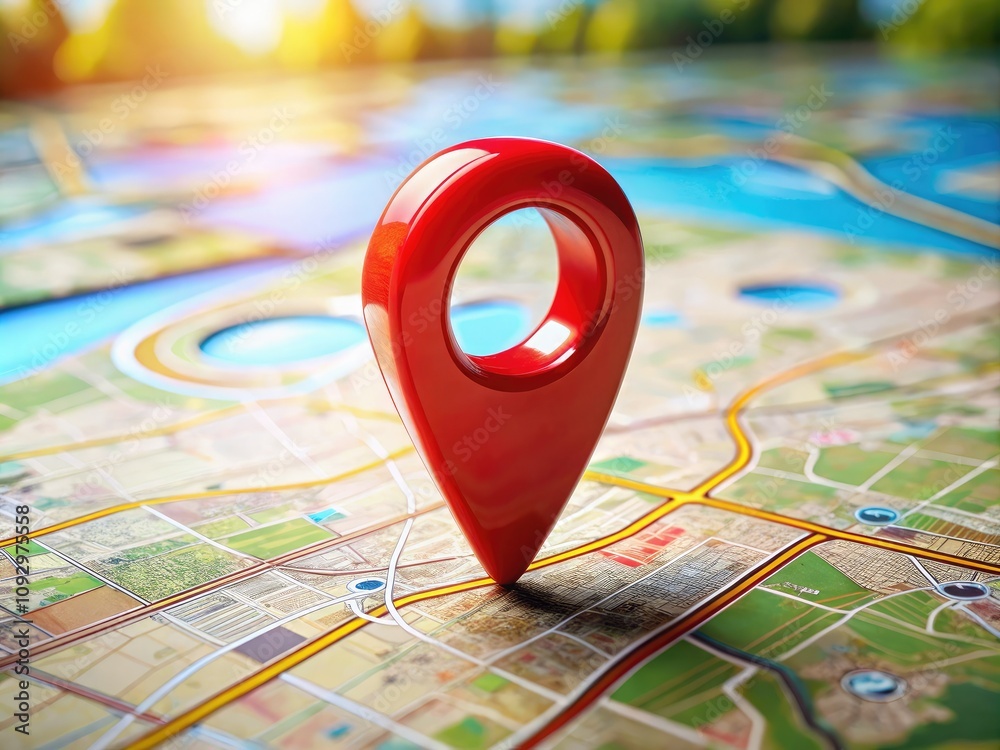 Close-up of a red location marker on a roadmap, emphasizing the correct path for navigation and guidance in architectural photography. Close-up of a red location marker on a roadmap, emphasizing the correct path for navigation and guidance in architectural photography.