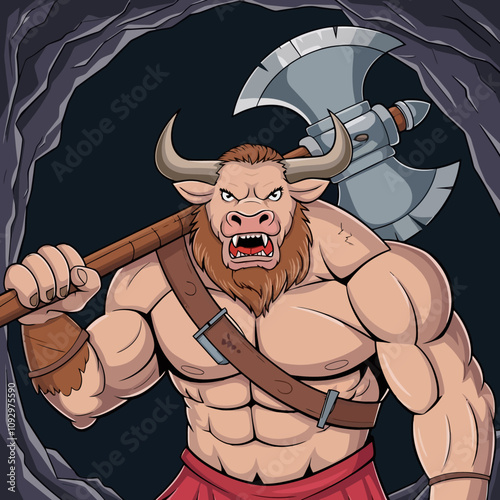 Fierce minotaur warrior wielding a double-headed axe.