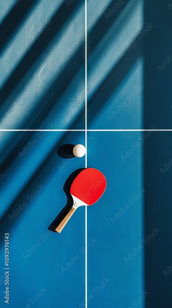 Ping Pong Racket and Ball on a Blue Table Ping Pong Racket and Ball on a Blue Table