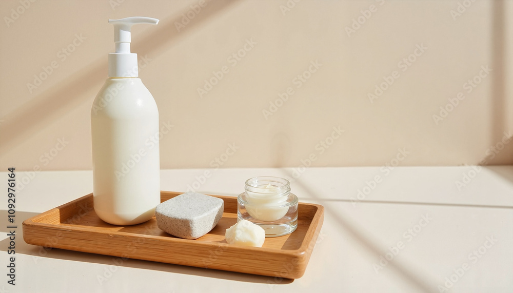 Skincare products on wooden tray in warm sunlight Skincare products on wooden tray in warm sunlight