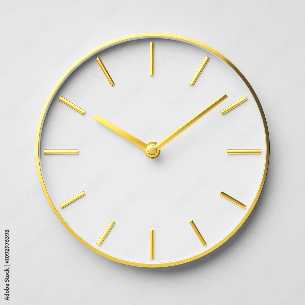 Minimalist gold and white round wall clock showing the time. Minimalist gold and white round wall clock showing the time.