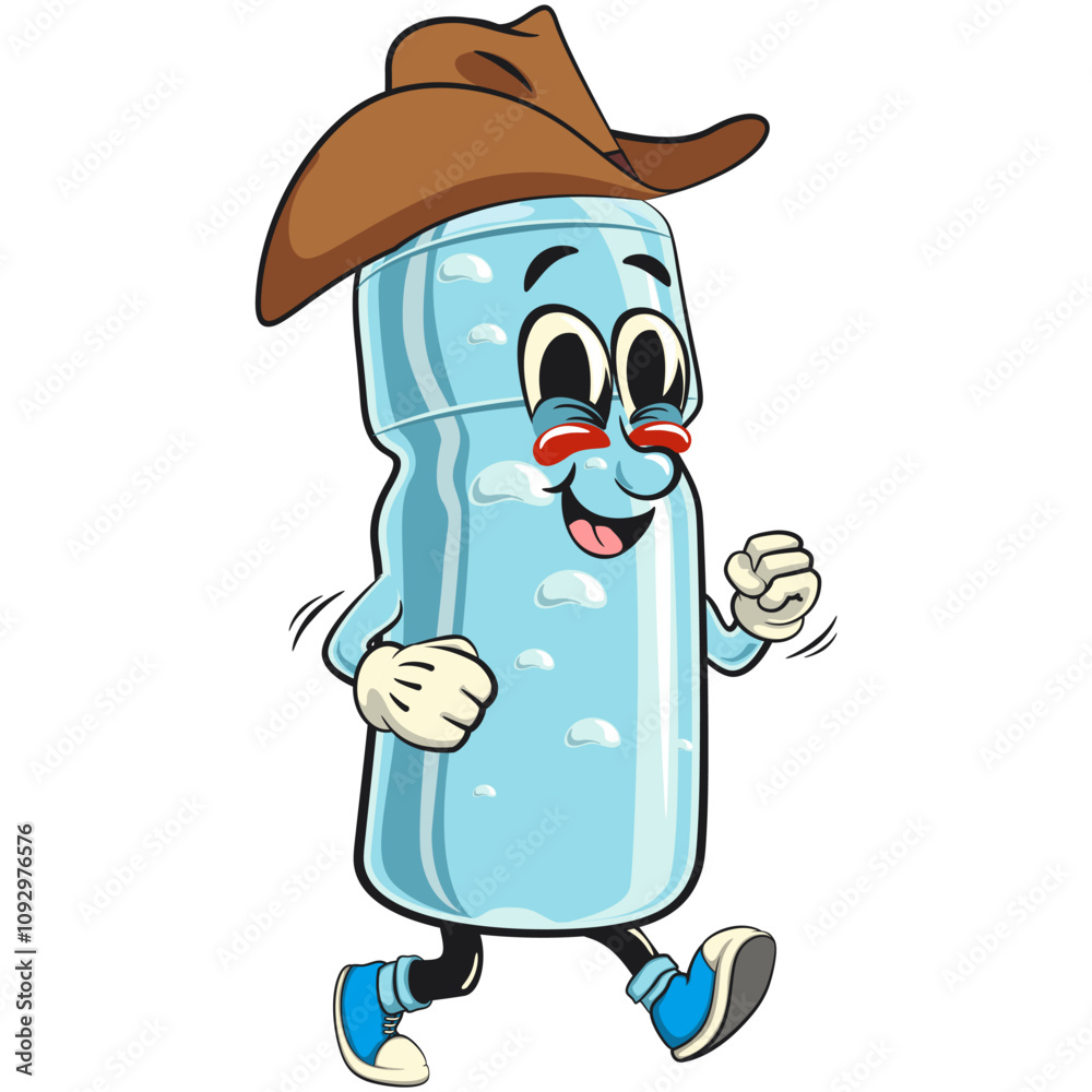 Fototapeta premium water plastic bottle cartoon mascot character wearing a cowboy hat walking calmly, vector illustration isolated, work of hand drawn