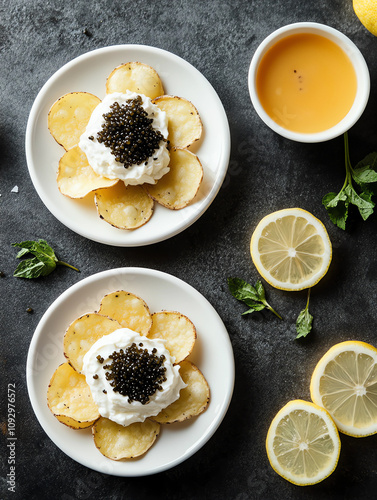 snack of chips with black caviar