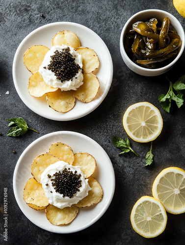 snack of chips with black caviar