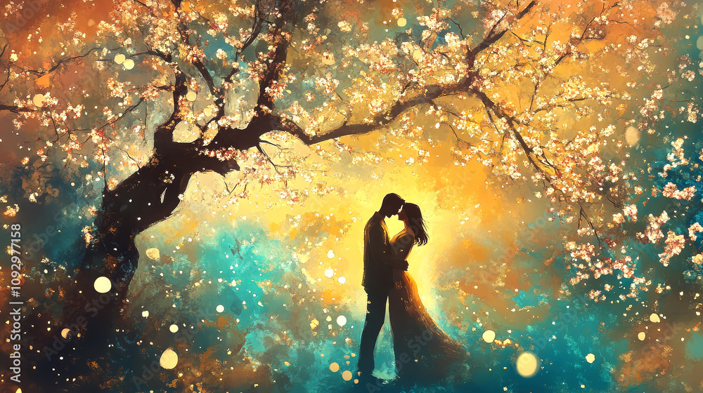 Fototapeta premium Romantic Couple on Blossom Tree at Sunset