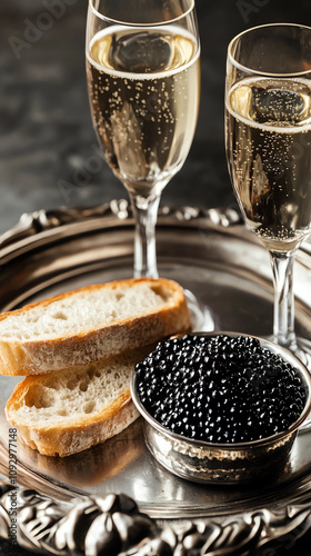A champagne glass with black caviar. Happy New Year background! Christmas and New Year holidays festive background with copy space. Two glasses of champagne on the blurry background