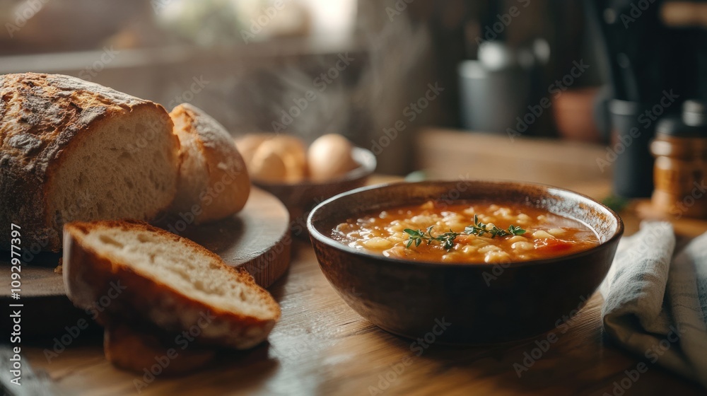 A detailed close-up of a rustic dinner scene with a bowl of hot soup served alongside freshly baked bread on a wooden table. capturing the warmth and comfort of homemade meals with exceptional clarity