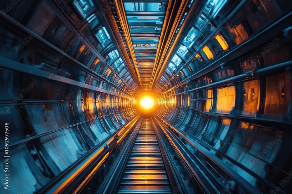 Light at the end of futuristic metal tunnel reflecting orange and blue lights Light at the end of futuristic metal tunnel reflecting orange and blue lights