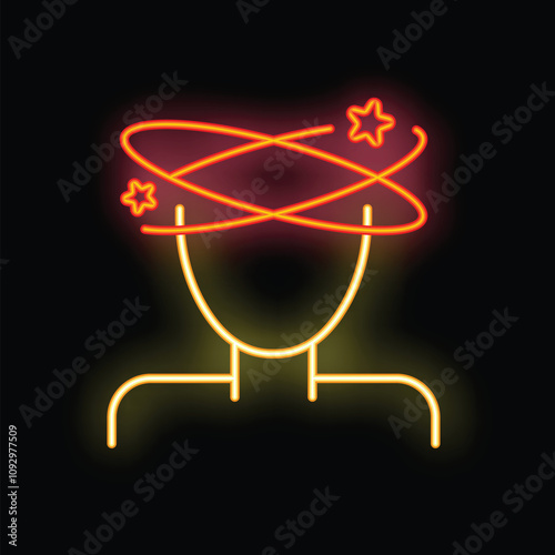 Neon sign illustrating dizziness with stars spinning around the head of a person on a black background