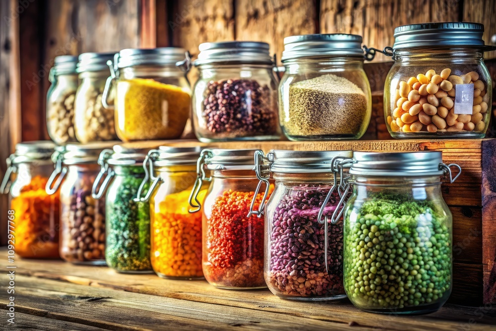 Colorful grains and seeds in glass jars atop a wooden shelf create a rustic pantry essential, adding charm and inspiration for cozy kitchen organization decor. Colorful grains and seeds in glass jars atop a wooden shelf create a rustic pantry essential, adding charm and inspiration for cozy kitchen organization decor.