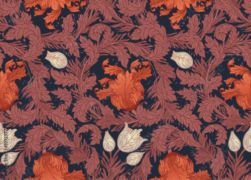 Floral vintage seamless pattern for retro wallpapers, textiles, designs. Enchanted Vintage Flowers. Arts and Crafts movement inspired.