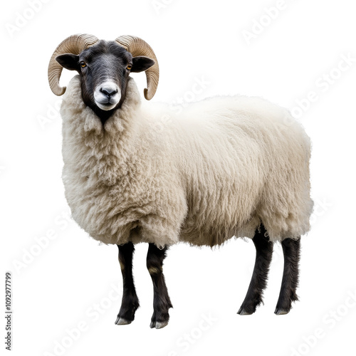 Isolated Ram with Curved Horns and Wool Coat photo