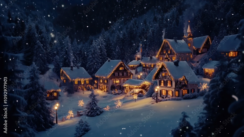 Snowy Village in Winter with Festive Lights Snowy Village in Winter with Festive Lights