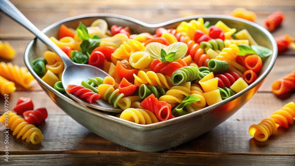 Colorful macaroni served in a heart-shaped bowl, perfect for romantic dinners, culinary art lovers, and heartfelt celebrations. A delightful dish for pasta enthusiasts. Colorful macaroni served in a heart-shaped bowl, perfect for romantic dinners, culinary art lovers, and heartfelt celebrations. A delightful dish for pasta enthusiasts.