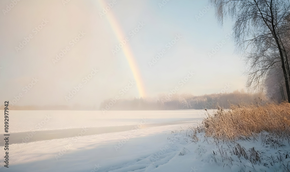A serene winter landscape with a rainbow over a frozen lake and snow-covered surroundings. A serene winter landscape with a rainbow over a frozen lake and snow-covered surroundings.