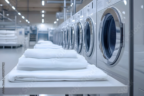 Professional laundry service provides clean white linens for institutions and industries photo