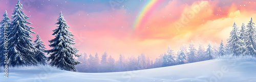 A serene winter landscape with snow-covered trees, a rainbow, and a colorful sky at sunset.