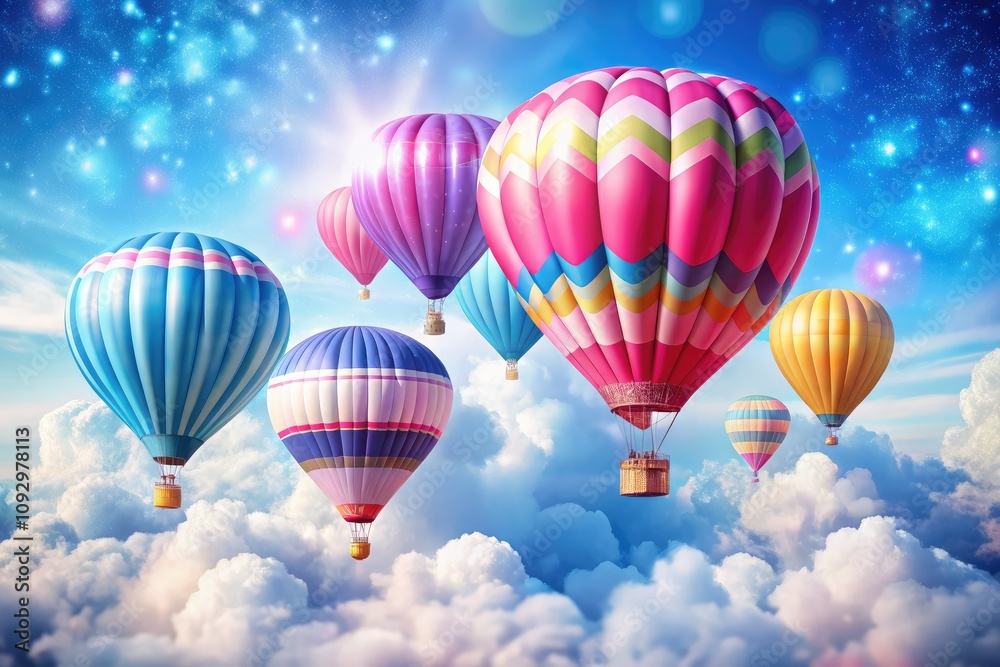 Naklejka premium Colorful pink and blue hot air balloons float in the sky, creating a whimsical backdrop for baby showers, kids' parties, and joyful celebrations amid soft clouds.
